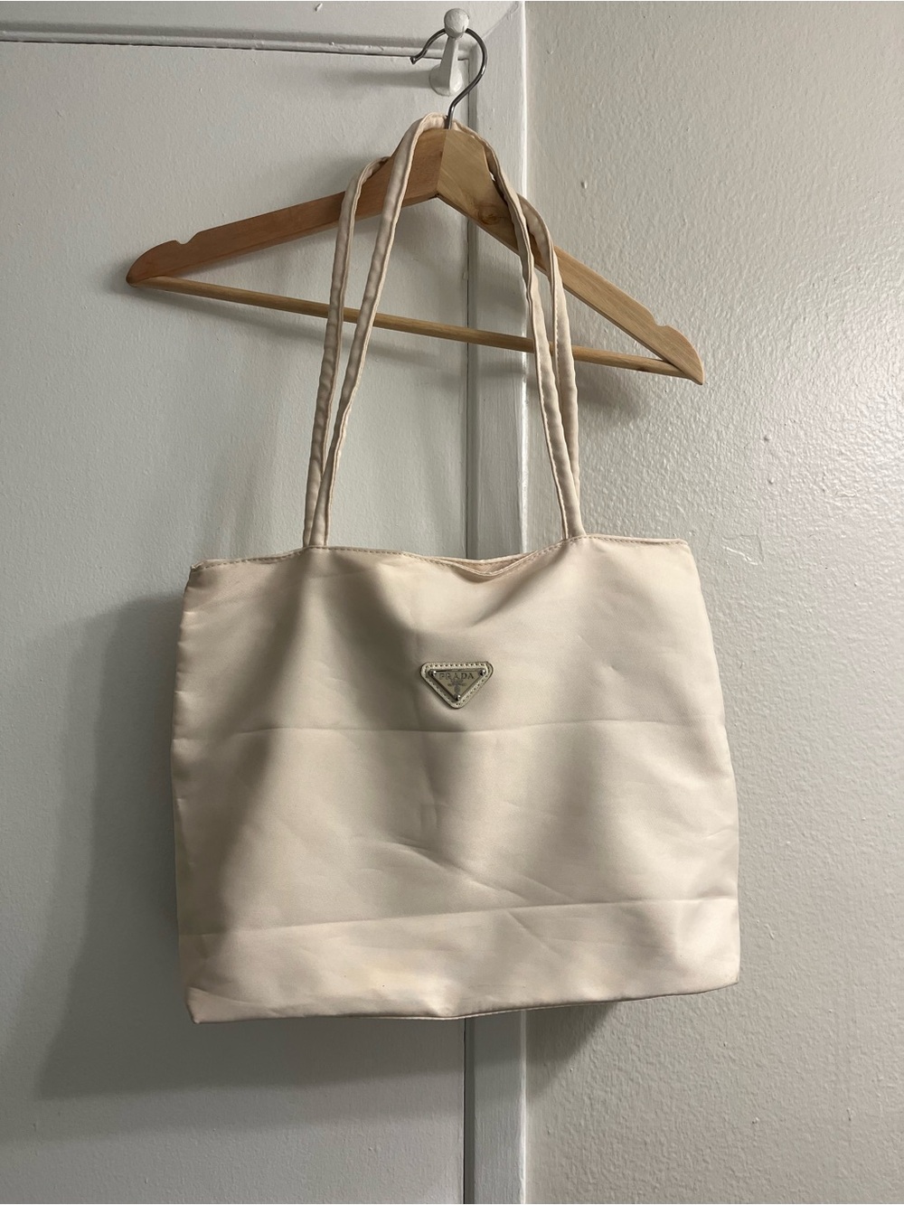 Prada Cream Satin Tote with Triangle Logo Plaque